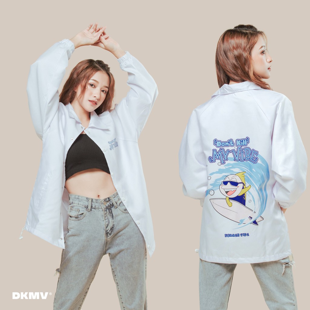 Áo khoác dù nữ Don't Kill My Vibe màu trắng, form rộng có hình in - Surfing Jacket